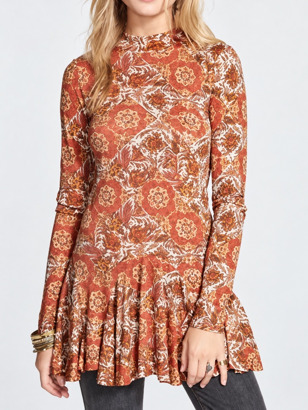 Free People Annabelle Mock Neck Tunic Mini Dress Boho Floral Paisley Linen M